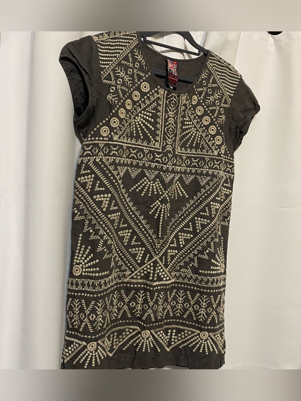 Johnny Was Linen Shift Tunic Dress Womens S Gray Ivory Geometric Embroidered